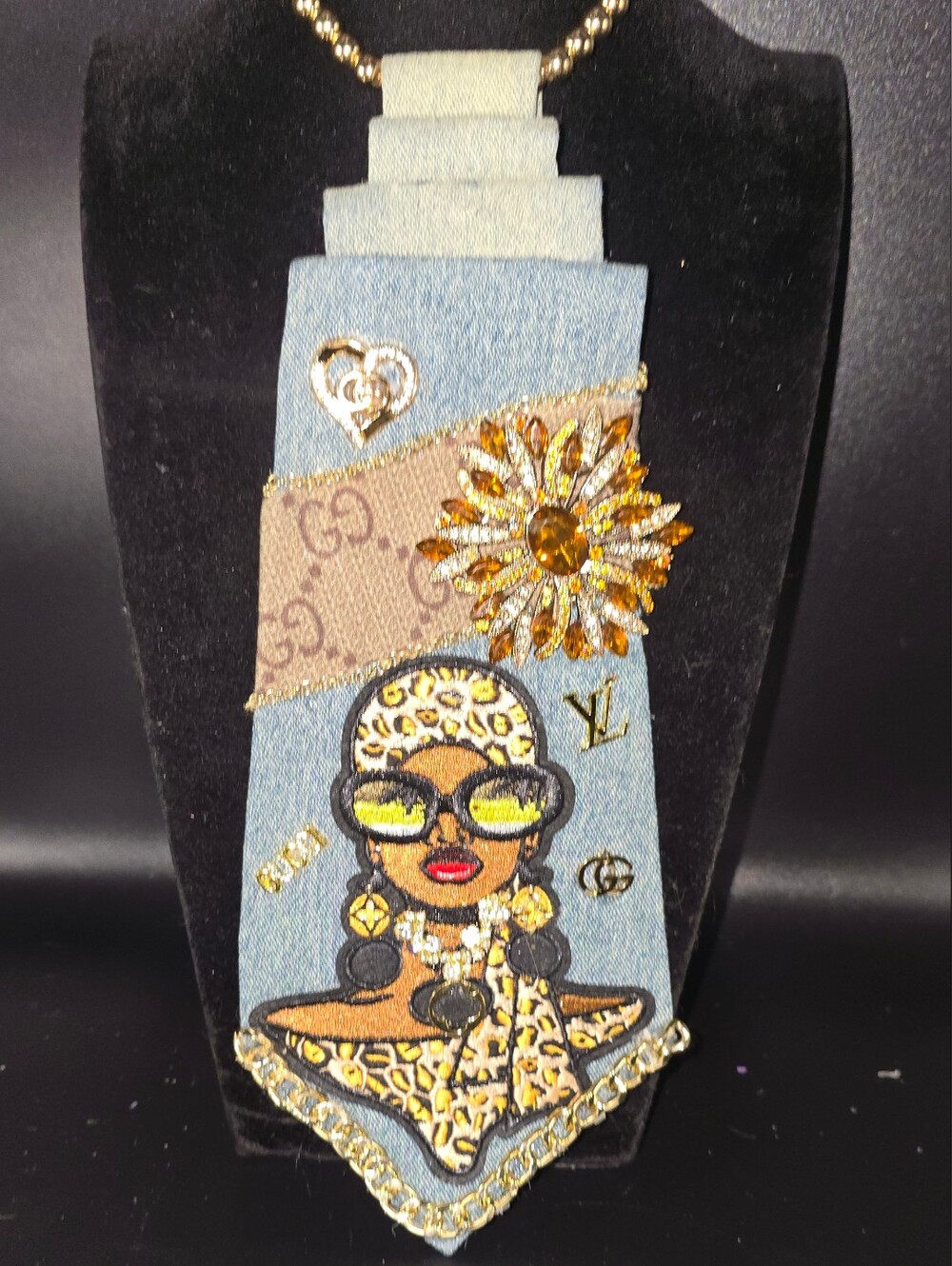 Embellished Denim Statement Necklace - Yellow Gold Accents